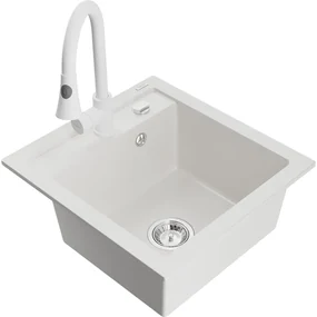 Mexen Vito, 1-komorový granitový drez 490x520x210 mm a drezová batéria Elia, biela, 6503-20-670101-20