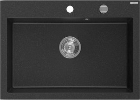 Mexen Elix, 1-korový granitový drez 700 x 500 mm, čierna/strieborná metalíza, chrómový sifón, 6526701005-73
