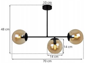 Stropné svietidlo PARIS, 3x medové sklenené tienidlo, čierna konštrukcia