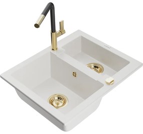Mexen Carlos, 1,5-komorový granitový drez 582x475x177 mm a drezová batéria Flora, biela, 6518-20-670401-57-G