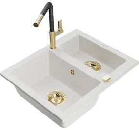 Mexen Carlos, 1,5-komorový granitový drez 582x475x177 mm a drezová batéria Flora, biela, 6518-20-670401-57-G