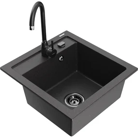 Mexen Vito, 1-komorový granitový drez 520x490x210 mm, čierna matná batéria Telma, čierna, 6503-76-670200-70-B