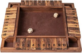 Hra Shut The Box pre 2-4 hráčov, hra s kockami s 2 kockami a pevným borovicovým drevom, hra s klapkami, hnedá