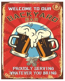 Červená nástenná ceduľa Backyard Bar - 20*1*25 cm