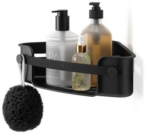 Čierna rohová plastová kúpeľňová polička bez vŕtania Flex Adhesive – Umbra
