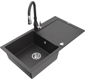 Mexen Leo, 1-komorový granitový drez 900x500x190 mm a drezová batéria Savita, čierna škvrtnitá, 6501-76-672601-76