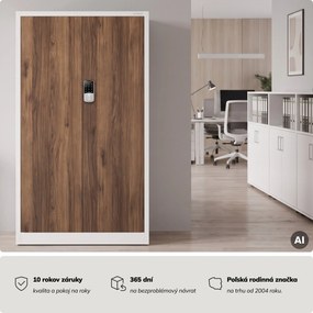 Kovová kancelárska skriňa so zámkom na kód biela, orech, 900x1850x400 mm: DANIEL Eco Design