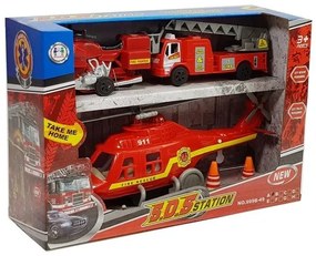 LEAN TOYS Sada hasičských vozidiel - vrtuľník, vozidlo, motorka - červená