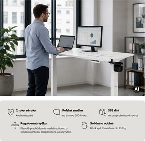 Elektrický stôl s nastaviteľnou výškou ergonomický biely,1400x700 mm: ARIA
