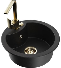 Mexen Diego, 1-komorový granitový drez 488x488x167 mm, zlatý sifón, zlatá lesklá batéria Rita, čierna, 6512-77-670300-50