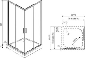 Novoterm Štvorcový sprchový kút NV-Solid SQ BL 90, čierny/transparent - bez vaničky