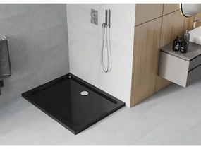 Mexen Slim, obdĺžniková sprchová vanička 130x80x5 cm, čierna, chrómový sifón, 40708013