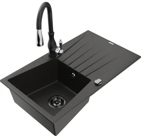 Mexen Cesar, 1-komorový granitový drez 775x470x190 mm a drezová batéria Savita, čierna-zlatá metalíza, 6514-75-672601-70-B