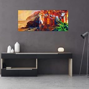 Obraz - Dedina na pobreží Cinque Terre, Talianska riviéra, moderný impresionizmus (120x50 cm)