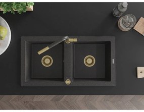 Mexen Mario, 2-komorový granitový drez 820x436x161 mm a drezová batéria Flora, čierna škvrnitá, 6504-76-670401-75-G