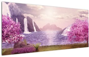 Obraz ružových stromov s jazerom (120x50 cm)