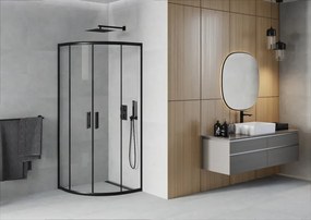 Mexen Rio, štvrťkruhový sprchovací kút s posuvnými dverami 70(dvere) x 70(dvere) x 190 cm, 6mm číre sklo, čierny profil, 863-070-070-70-00