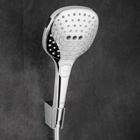 HANSGROHE Raindance Select E Showerpipe nástenný sprchový systém s termostatom ShowerTablet Select 300, horná sprcha 3jet 318 x 190 mm, ručná sprcha 3jet, chróm, 27127000
