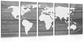 5-dielny obraz čiernobiela mapa sveta s dreveným pozadím