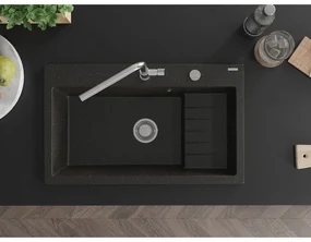 Mexen Omar, 1-komorový granitový drez 800x480x210 mm, čierna-zlatá metalíza, chrómový sifón, 6520801005-75