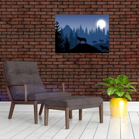 Sklenený obraz - Svorka vlkov za splnu (70x50 cm)