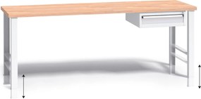 Výškovo nastaviteľný pracovný stôl do dielne G3 so závesným boxom na náradie, buková škárovka, 1 zásuvka, 2000 x 685 x 840 - 1050 mm, sivá