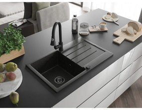 Mexen Bruno, 1-komorový granitový drez 795x495x200 mm a drezová batéria Elia, čierna-zlatá metalíza, 6513-75-670101-70-B