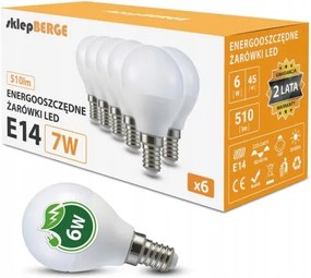 6x LED žiarovka E14 g45 7W 620lm - studená biela