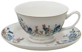 Porcelánová šálka s tanierikom a kvetmi - 12*10*6 cm / Ø 15*2 cm / 250 ml
