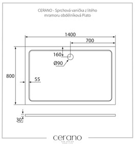 Cerano Piato, obdĺžniková sprchová vanička z liateho mramoru 140x80x3 cm, biela matná, CER-CER-476978