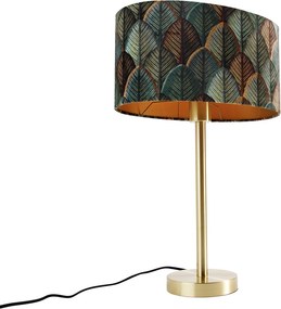 Stolná lampa mosadzná s oválnym zamatovým tienidlom s motívom listov 35 cm - Simplo