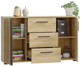 Komoda 140 cm so zásuvkami a úchytkami, farba čierna/ dub