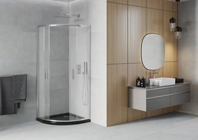 Mexen Rio, štvrťkruhový sprchovací kút s posuvnými dverami 90 x 90 cm, 6mm sklo námraza, chrómový profil + čierna sprchová vanička, 863-090-090-01-30-4170