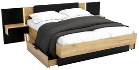 Manželská posteľ ARKADIA + rošt + matrac BOHEMIA + doska s nočnými stolíkmi, 180x200, dub Kraft zlatý/čierna