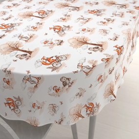Biante Detský bavlnený oválny obrus Sandra SA-696 Líšky na bicykloch - hnedé na bielom 80x120 cm