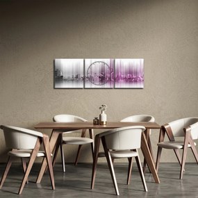 Obraz - Panoráma mesta, ružovo-šedé (s hodinami) (90x30 cm)