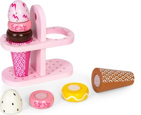 Detská drevená sada zmrzlín na suchý zips, 9 dielov so stojanom ECOTOYS 3+