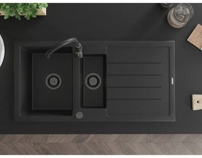 Mexen Andres, granitový drez 1000x500x200 mm, 1,5-komorový, čierna s čiernym sifónom, 6515101510-77-B