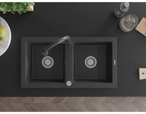 Mexen Mario, 2-komorový granitový drez 820x436x161 mm a drezová batéria Elia, čierna škvrnitá, 6504-76-670101-76