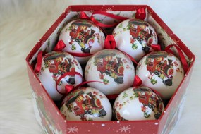 Bielo červené vianočné gule s vláčikom 7cm 14ks