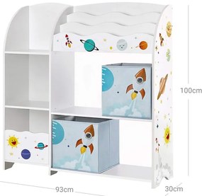 SongmicsHome Regál na hračky a knihy VESMÍR, 2 boxy, 93x30x100cm, biela s nálepkami