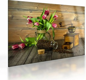 Sklenený obraz - tulipány, mlynček a káva (70x50 cm)