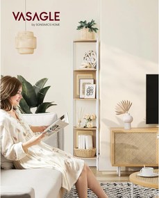 5-úrovňová rohová polica, polica na knihy s polyratanovými stranami, farba dub a béžová