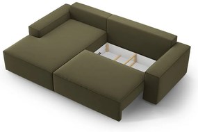 Zelená zamatová rozkladacia/s úložným priestorom rohová pohovka (ľavý roh/s leňoškou) Jodie – Micadoni