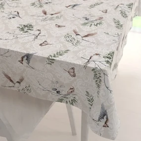Biante Bavlnený obdĺžnikový obrus Sandra SA-490 Lastovičky s motýlikmi na béžovom ornamente 80x120 cm