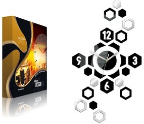 3D nalepovacie hodiny Hexagon čierno-zrkadlové