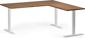 Výškovo nastaviteľný stôl, 180x180 cm, 3 motory, L/P, biela podnož, orech