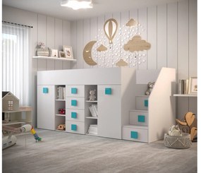 Detská kombinovaná posteľ 90 cm Toreno 3 (biela + biely lesk + tyrkysové lesklé madlá) (P). Vlastná spoľahlivá doprava až k Vám domov. 1083332