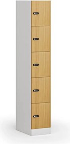 Šatníková skrinka S1 s úložnými boxmi, 5 boxov, 1850 x 300 x 500 mm, demont, mechanický kódový zámok, laminované dvere, buk