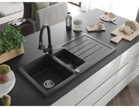 Mexen Andres, 1,5-komorový granitový drez 1000x500x200 mm a drezová batéria Elia, čierna škvrnitá, 6515-76-670101-70